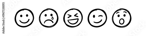 Set of hand-drawn emoticon icons showing various emotions including happy, sad, laughing, winking, and surprised. Simple black line art sketches on a white background.