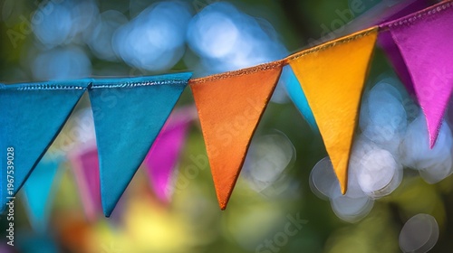 String of colorful triangular bunting flags used for festive decorations. Multicolored triangular pennants strung together on a rope Party garland or bunting flags. 