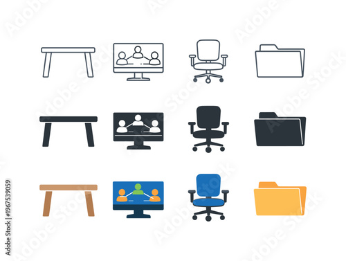 Desk for shared workspace, computer monitor for team coordination, office chair for collaborative comfort, and file folder for