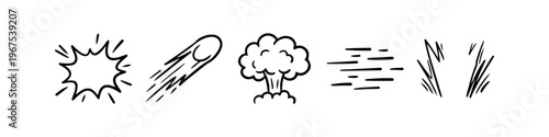 Set of hand-drawn comic book speed and explosion effects in black ink doodle style, including mushroom cloud, meteor, motion lines, and impact bursts on a white background.