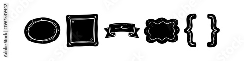Hand-drawn black silhouette decorative elements including an oval frame, square frame, ribbon banner, scalloped border, and curly brackets for creative design and journaling projects.