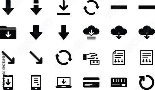 Solar energy icon set featuring sun symbols, solar panels, green energy leaves, electric plugs, and sustainable renewable power generation elements.