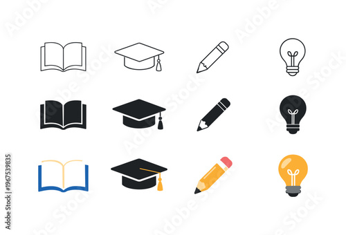 Book for knowledge, graduation cap for achievement, pencil for learning, and light bulb for ideas. Compose a strict 3:2 canvas