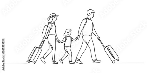 A happy family of three walking together while carrying luggage during their summer vacation trip
