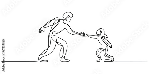 A single continuous line drawing of a parent reaching out to help a small child stand up together
