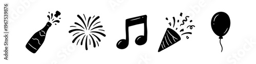 Set of hand-drawn party icons featuring a popping champagne bottle, fireworks, musical note, party popper, and balloon. Minimalist black doodles for celebrations, events, and festive designs.