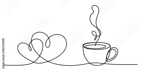 Minimalist continuous line drawing of two connected hearts beside a steaming hot cup of coffee