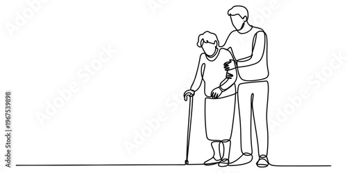 Continuous line drawing of a young caregiver helping an elderly woman walk with a wooden cane tool