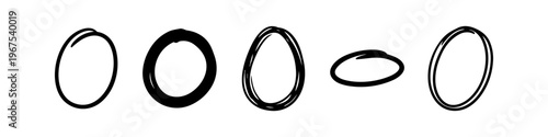 Set of five hand-drawn black circles and ovals for highlighting, emphasis, or annotation. Minimalist marker doodle elements on a clean white background.