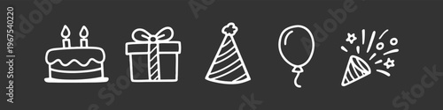 Minimalist white hand-drawn birthday icon set on a dark gray background featuring a cake, gift box, party hat, balloon, and confetti popper. Ideal for celebration headers and greeting cards.