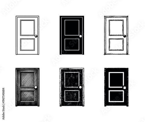 Six Door Variants. Wooden panel door with central inset and round knob, designed for residential interior entryways | Create ONE