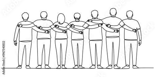 A single continuous line drawing of a diverse group of people standing together in a united row