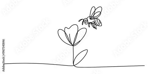 A single continuous line drawing featuring a small flying bee approaching a beautiful blooming flower