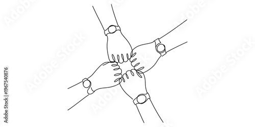 Four hands joined together in a central fist bump gesture representing unity and corporate teamwork