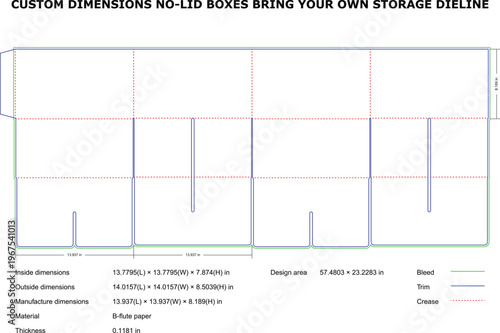 A technical diagram of custom dimensions no-lid boxes with detailed measurements and design specifications.