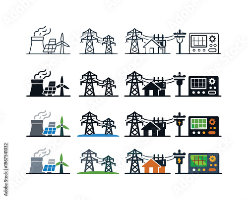 Icon object one for power generation, icon object two for transmission lines, icon object three for energy distribution, and icon