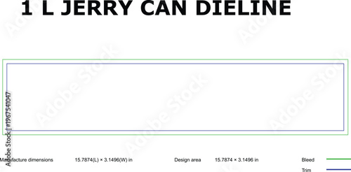 A technical diagram of a 1 L jerry can dyeline with precise measurements and design specifications.