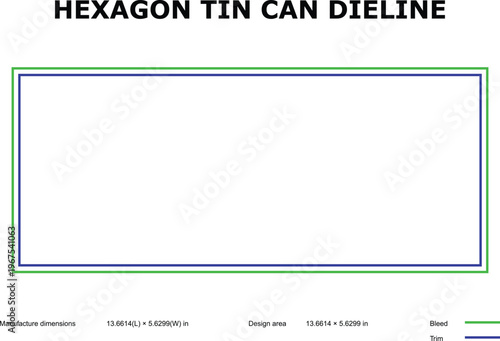 A technical drawing of a hexagon tin can dyeline with precise measurements and labels