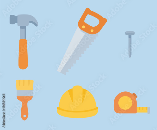 Conjunto de Ferramentas de construção - Ilustração vetorial isolada no fundo azul