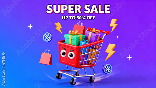 3D vector poster with a vibrant purple-to-blue gradient background, featuring a red anthropomorphic shopping cart with expressive eyes, and bold Super Sale 50% text_03.