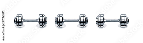 Peak performance symbolized by uniform dumbbells aligned horizontally, same grip length and weight ends evenly spaced and fully