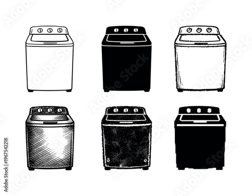 Six Washing Machine Styles. Top loading washing machine with hinged lid and simple control knobs, designed for home laundry tasks