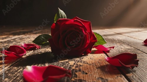 Close up of a vibrant red rose with fallen petals on a rustic wooden table under dramatic lighting