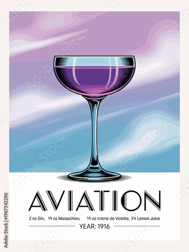 Elegant retro poster featuring an Aviation cocktail in a coupe glass with violet tones. Art deco typography and vintage gradient background create a refined mixology wall art design.