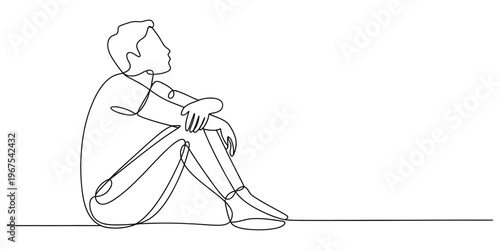 A continuous line drawing of a pensive young man sitting on the ground looking toward the distance