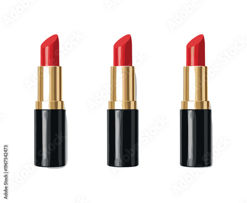 Minimalist Lipstick Icons. Beauty fundamentals concept shown with identical lipstick tubes aligned horizontally, same cylindrical