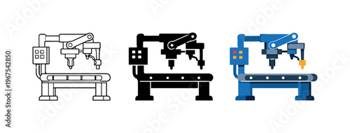 Operational efficiency concept visualized by identical assembly machines aligned horizontally, same frames levers and proportions