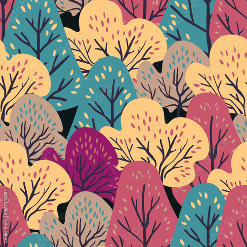 Seamless pattern with trees, plants. Color vector background. Spring, autumn tree for your design. Eco idea concept. Print design for wallpapers, fabric, textile.
