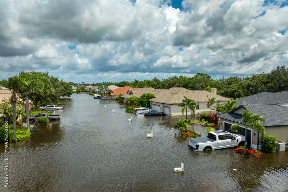 Obraz premium Flooded houses and cars from hurricane Debby rainfall water in Laurel Meadows community in Sarasota, Florida. Aftermath of natural disaster in USA south