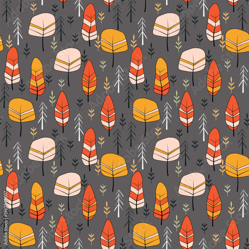 Seamless pattern with trees, plants. Color vector background. Spring, autumn tree for your design. Eco idea concept. Print design for wallpapers, fabric, textile.