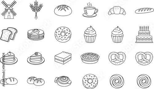 Bakery and dessert icons set featuring bread cake pastry coffee sweets line vector illustration minimal outline design collection food menu concept pack