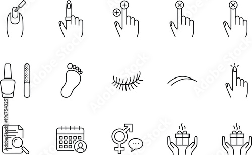 Beauty and interaction icons set featuring manicure pedicure touch gestures cosmetics symbols line vector illustration minimal outline design collection personal care concept pack