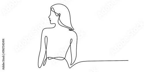 Minimalist continuous line drawing of a woman looking sideways with flowing hair and elegant pose