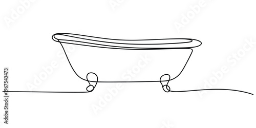 Minimalist continuous line drawing of a vintage style bathtub with classic claw foot design