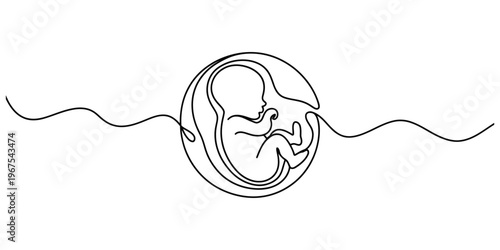 Minimalist continuous line drawing of a human fetus developing inside the womb of a pregnant woman