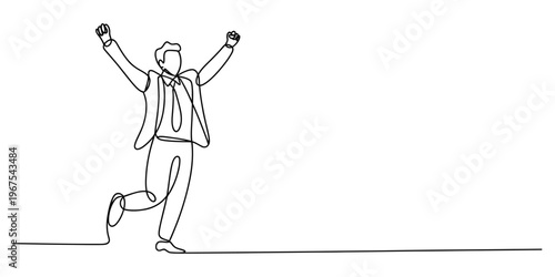 Continuous single line drawing of a successful businessman celebrating with arms raised high up