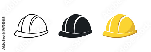 Workplace protection concept illustrated by identical hard hats aligned horizontally, same dome curvature and brim proportions