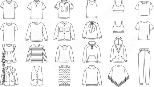 Clothing icons set featuring shirts hoodies dresses pants tops apparel line vector illustration minimal outline fashion collection design pack wardrobe concept