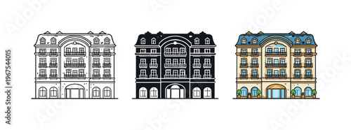 Refined hospitality vision expressed by identical luxury hotel buildings aligned horizontally, same façade proportions balconies