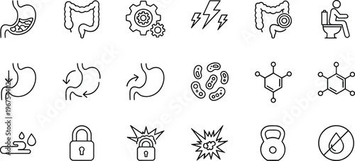 Digestive system and medical icons set featuring stomach intestine health symbols line vector illustration minimal outline design collection healthcare anatomy concept pack