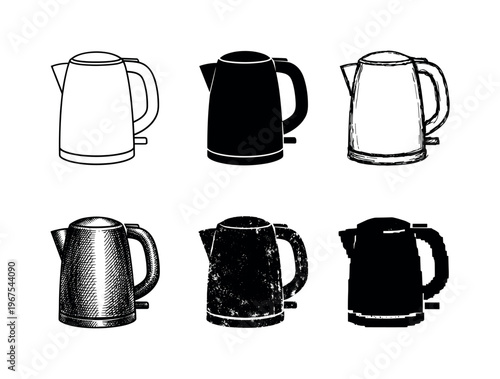 Electric kettle with upright body and handle, designed for quickly heating water on kitchen counter | Create ONE image containing