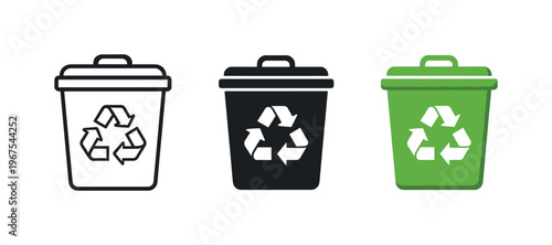 Waste sorting concept illustrated by identical recycling bins aligned horizontally, same rectangular bodies and lid shapes evenly