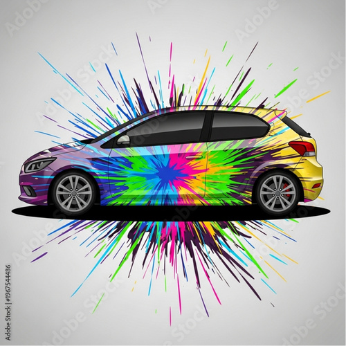 Colorful Car with Vibrant Paint Splatter Design.