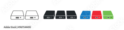 Data preservation concept shown by identical external hard drives aligned horizontally with matching rectangular casings and