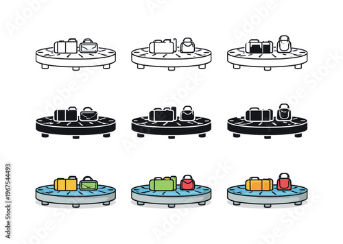 Completed journey outcome represented using identical arrival carousels displayed horizontally, same circular belt shapes and