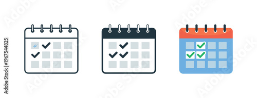 Organized scheduling outcome represented with identical wall calendars displayed horizontally, same page shapes and binding edges